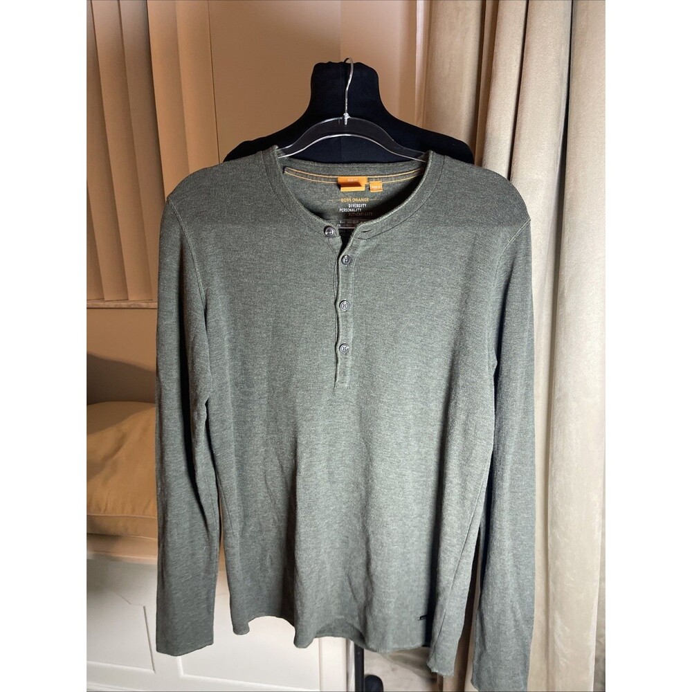 Hugo Boss Trix Slim Fit Green Long Sleeve Henley Shirt, Men's L